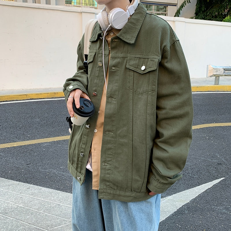sanyamk Men Autumn New Denim Jackets Solid Casual Jean Jacket Rice White/Black/Army green Korean Fashion Jeans Coat Loose Outerwear