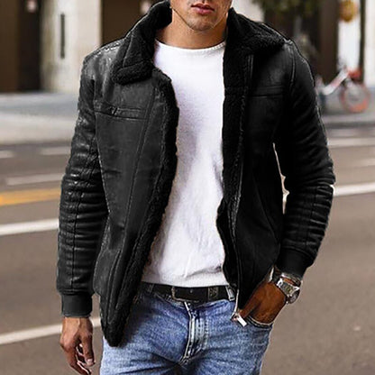 Bonsir Winter Solid Warm Velvet Long Sleeve Composite Jackets Coat Men Vintage Turn-down Collar Zip-up Coats Men's Fashion Streetwear