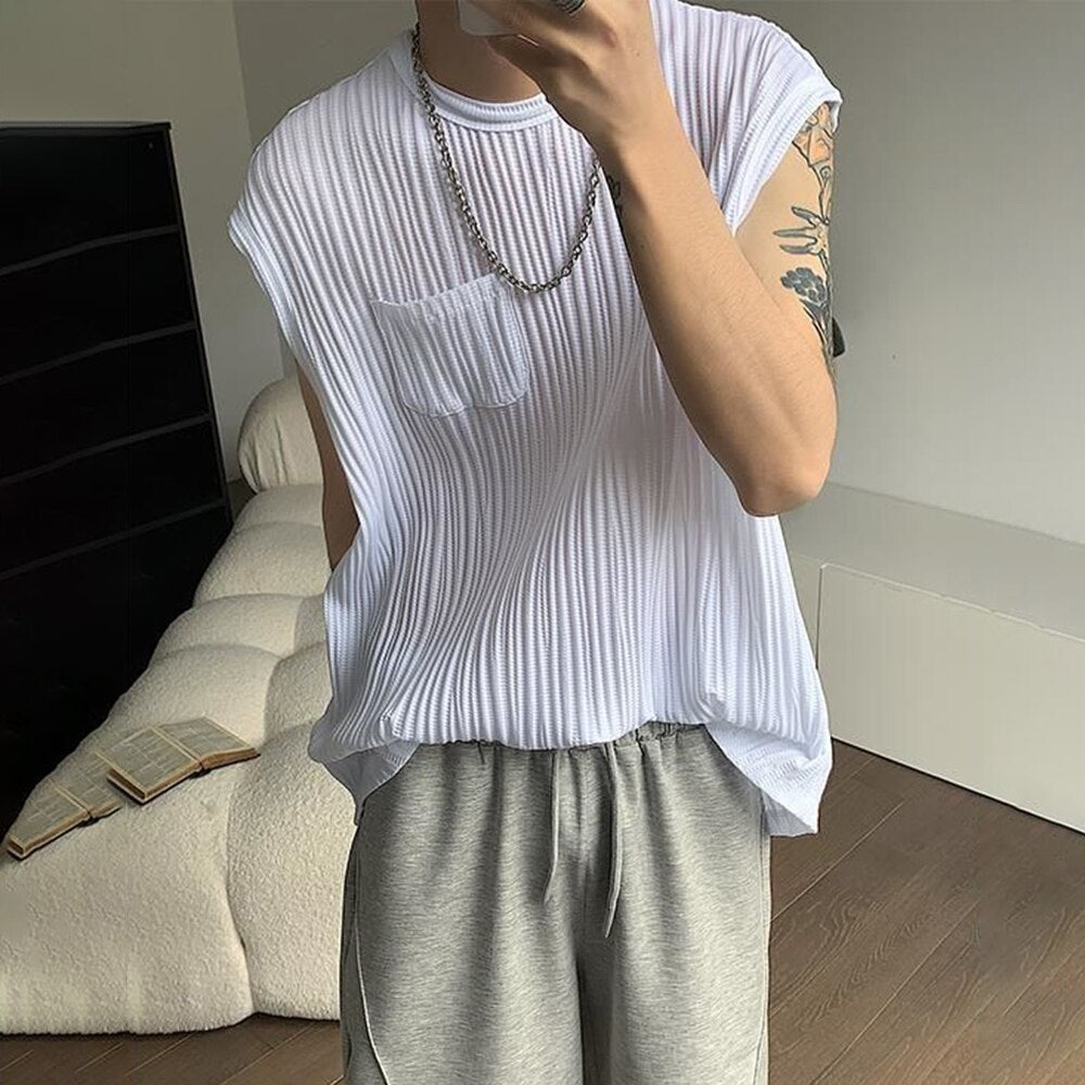 Bonsir Summer Casual Pleated Sleeveless Vest Men's Trend Sexy Sleeveless Tee Shirts Korean Loose Tabk Tops Solid All-match Streetwear