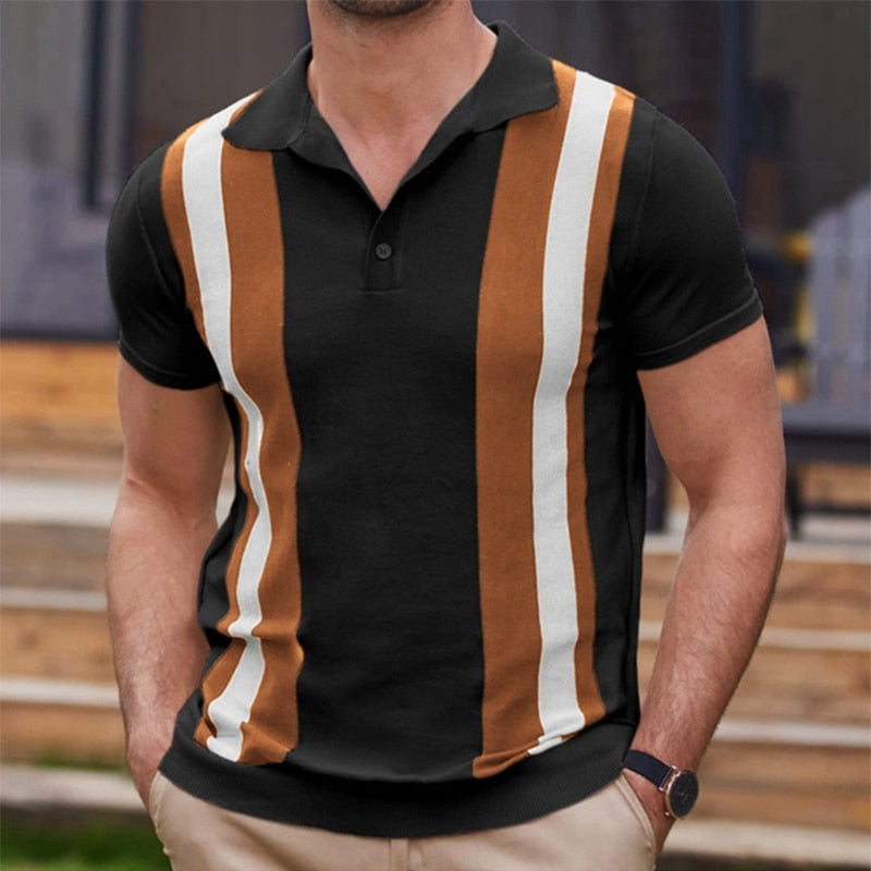 sanyamk Vintage Striped Patchwork Men's Knit Polo Shirt 2023 Spring Summer Casual Short Sleeve Lapel Button Tee Tops Men Clothes Fashion