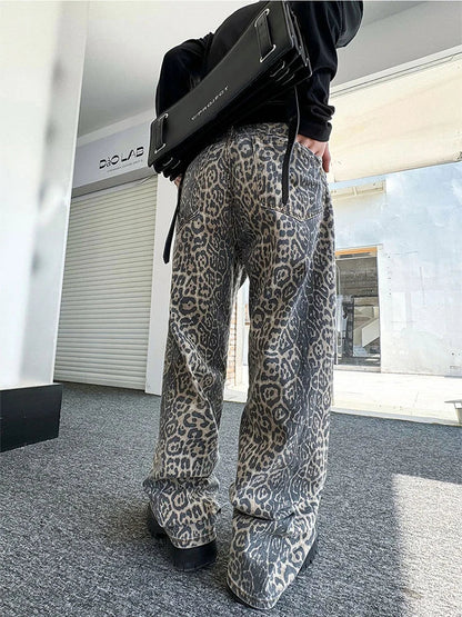 sanyamk Leopard Jeans for Men Denim Pants Male Oversize Wide Leg Trousers Streetwear Hip Hop Vintage Animal Print Loose Casual