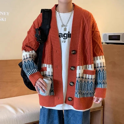 sanyamk Cardigan Men Retro Harajuku Sweater Winter Fashion Baggy All-match Teens Unisex Clothing Thick Winter Knitwear High Street Chic