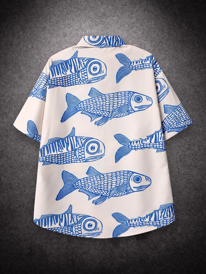 Bonsir Oversized Loose Men Shirt American Style Summer Fried Street Fashion Small Fish Print New Personalized Mens Casual Shirts