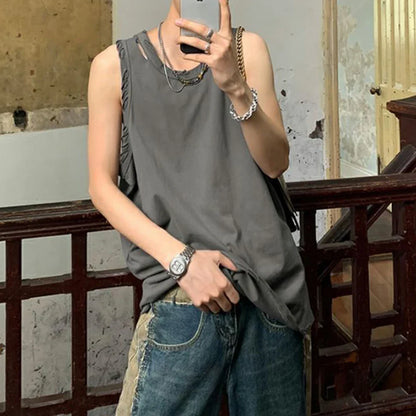 Bonsir Y2k Streetwear Undershirt Men's Trend Ripped Old Sports Vest Summer LGBT Unisex Casual Sweatshirt Solid Sleeveless Top T-shirt