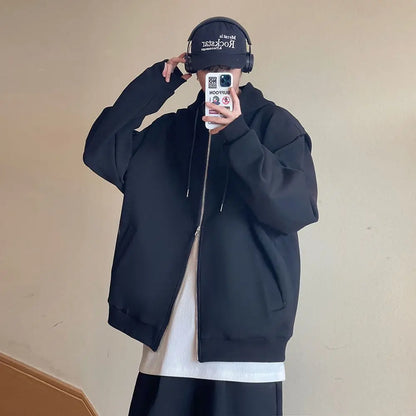 sanyamk  -  Autumn Korean Version Short Hoodies Sweatshirts for Men Cotton Solid Color Loose Sports Casual Zipper Cardigan Couple Hoodie