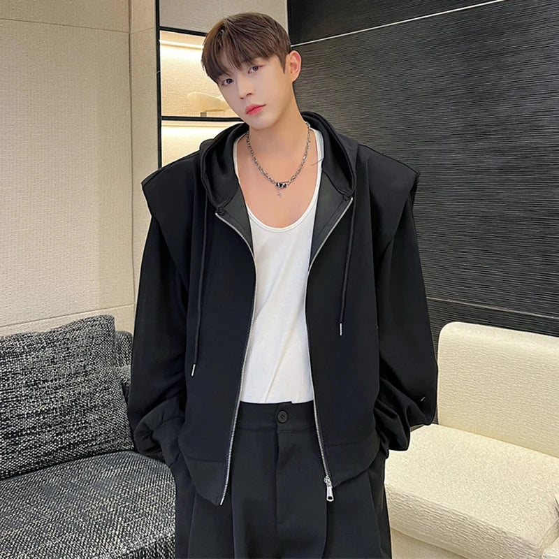 sanyamk Men's Shoulder Pad Hooded Cardigan Korean Chic Sweatshirt Solid Color Zip Loose Casual Male Jacket Autumn New Coat