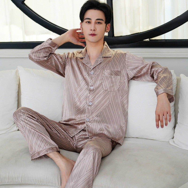 sanyamk Mens Designer Pajamas for Men Sleepwear Set Pijama Set Long Sleeve Sleep Tops Trousers Sleep Wear Men Thin Ice Silk Pajama Set