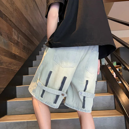 sanyamk Zipper Patchwork  Jeans Shorts Men Harajuku Streetwear Denim Shorts Hip Hop Summer Casual Loose Straight Shorts Clay Yellow