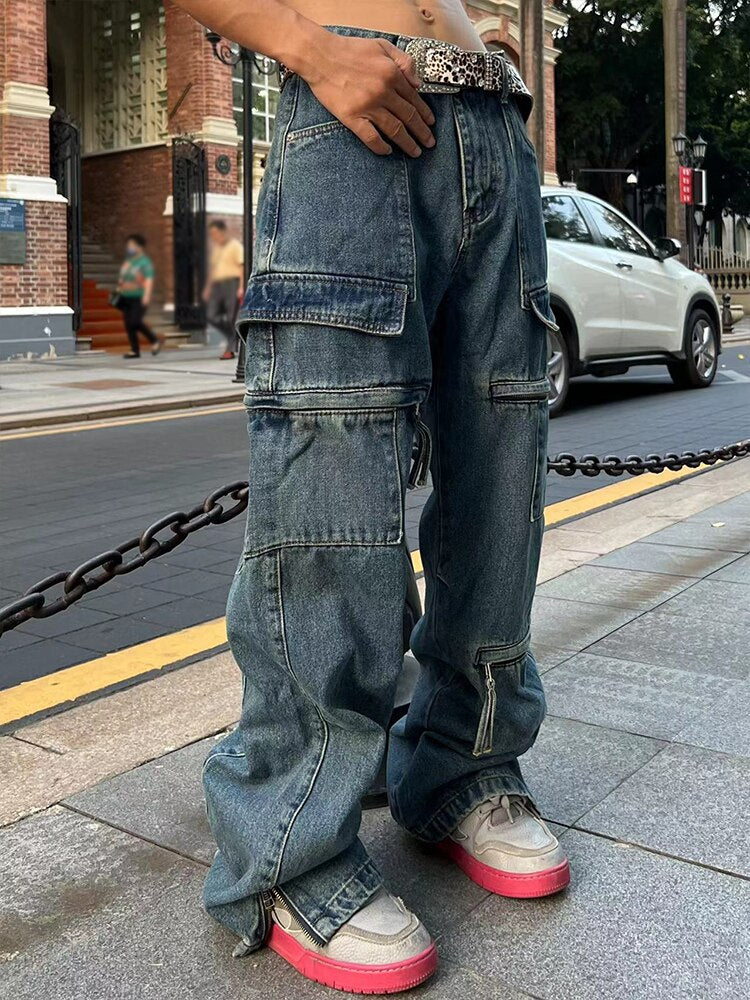 sanyamk Retro Loose Washable Jeans for Men Y2K Large Pocket Straight Sleeve Jeans Baggy Wide Leg Zipper Hip Hop Casual Pants Floor