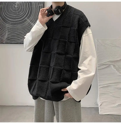 Bonsir Spring Autumn Fashion Solid Casual Pullover Tess Vest Men Loose Knitted Top Student Preppy Style Sweater Gentle Retro Patchwork