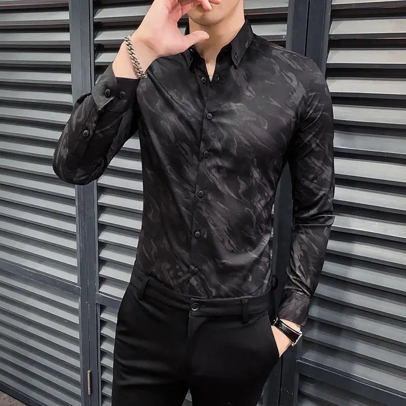 sanyamk Spring Autumn New Male Fashion Printing Shirt Homme Long Sleeve Slim Casual All-match Buttons Top Men Polo-neck Cardigan Blouse