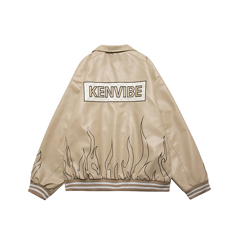 Bonsir Back Letter Flocking Embroidery Bottom Flame Pu Leather Coats for Men and Women Harajuku Hip Hop Loose Autumn Jackets Oversize