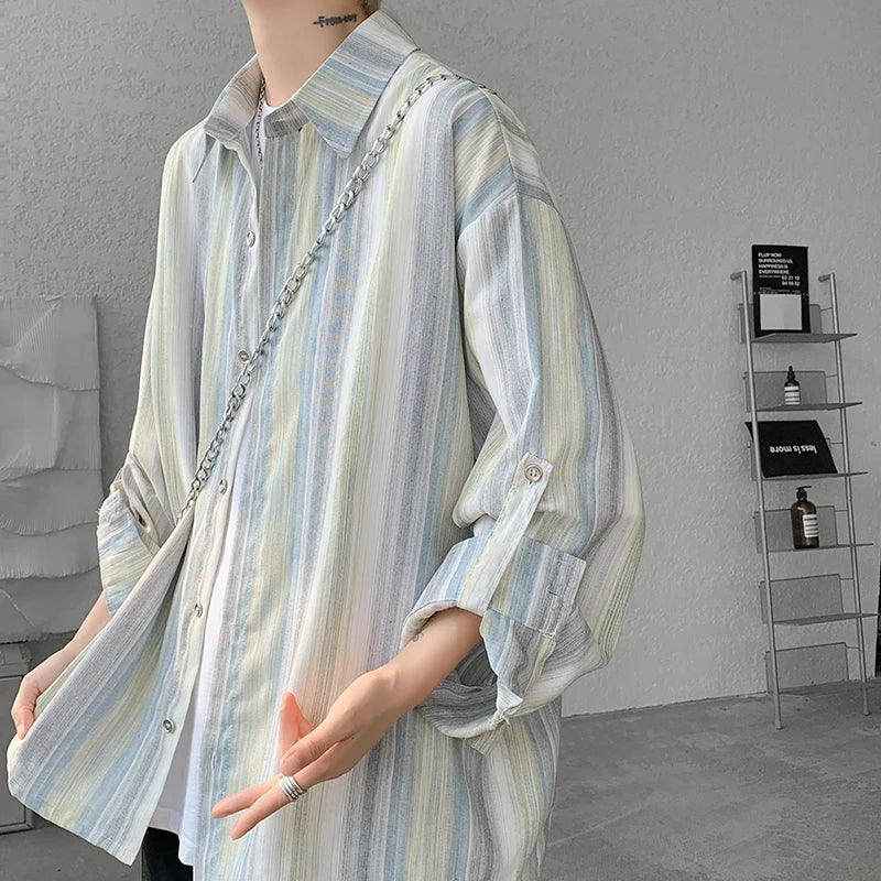 Bonsir Summer Striped Long-sleeved Shirt Men Fashion Mens Thin Sun-proof Clothing Korean Loose Casual Shirts Mens Streetwear Tops