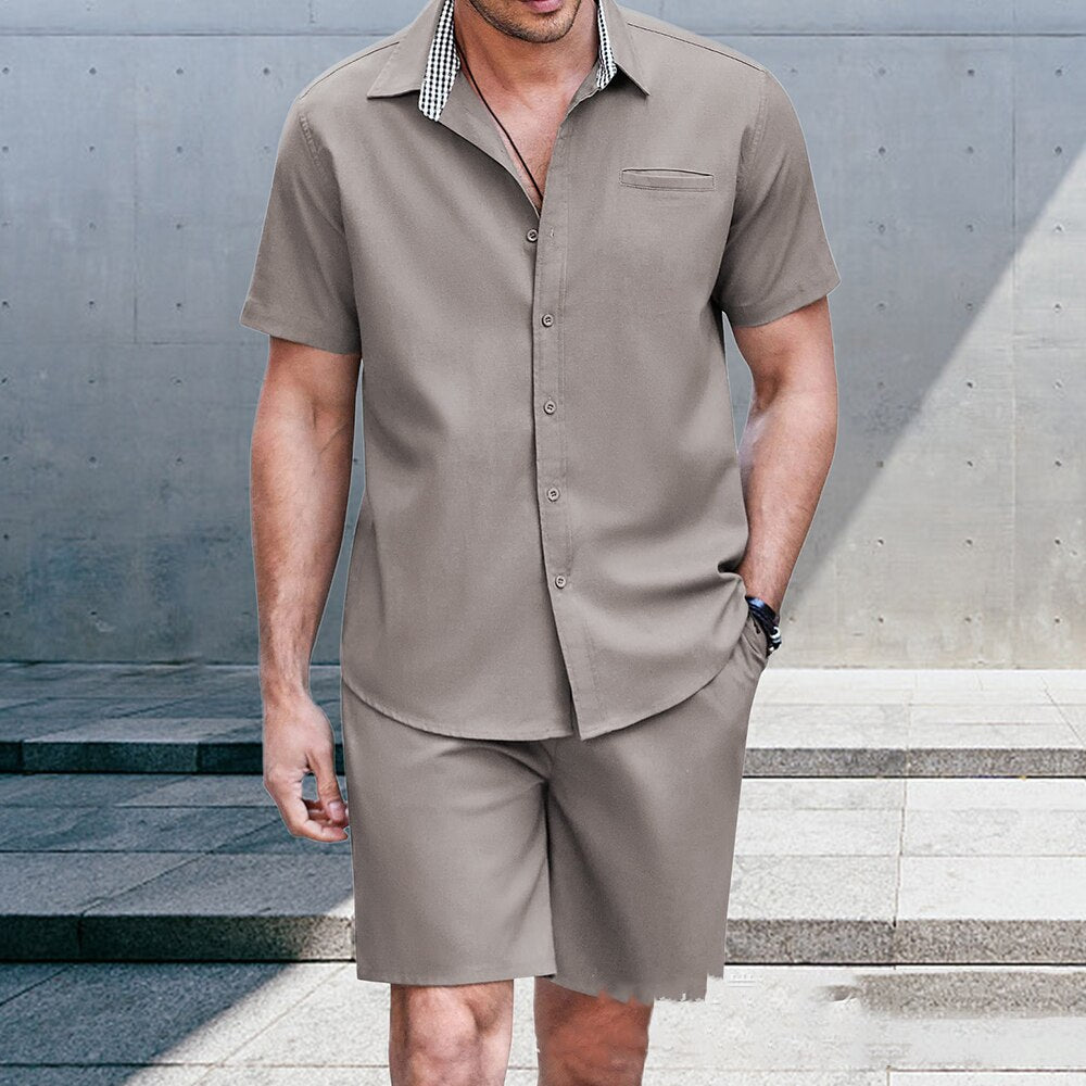 sanyamk Summer Men's Solid Color Casual Suit Beach Vacation Wind Thin Section Fashion Short-sleeved Shirt Shorts Two-piece Suit for Men