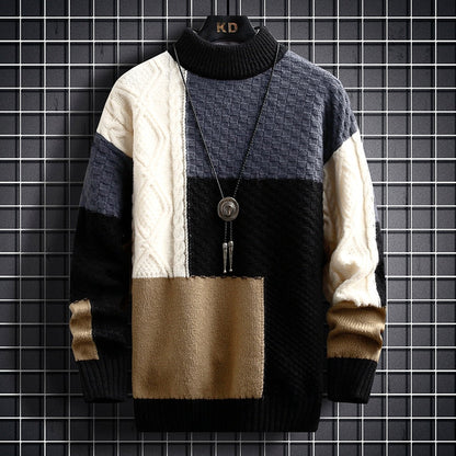 Bonsir  autumn and winter new sweater warm fashion stitching color matching pullover round neck sweater thickened knitted sweater