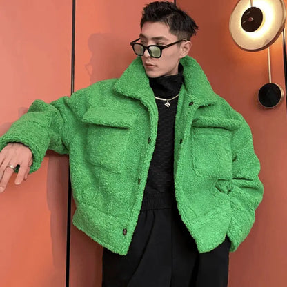 sanyamk Green Padded Winter Men's Jacket Fleece Lamb Wool Thickened Short Coat Male Y2K Top Plush Warm Korean Streetwear Hip Hop