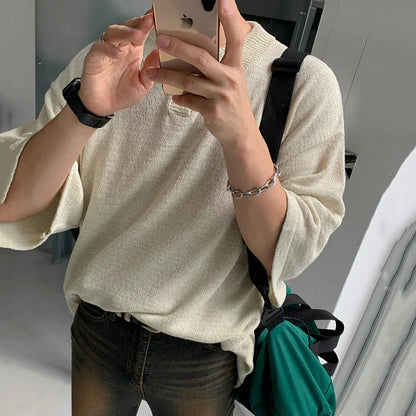 sanyamk  -  Knitted Tops Summer New Fashion Men's T-shirts Loose Casual Solid Color Turn-down Collar Short Sleeve Sweater 2024 9C6072