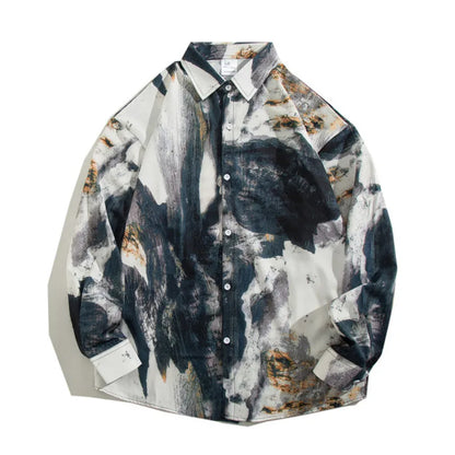 sanyamk Vintage Summer Tie-dyed Painting Shirt Men Hip Hop Loose Long Sleeve Shirt Male Fashion Hawaii Button Long Sleeve Blouse Tops