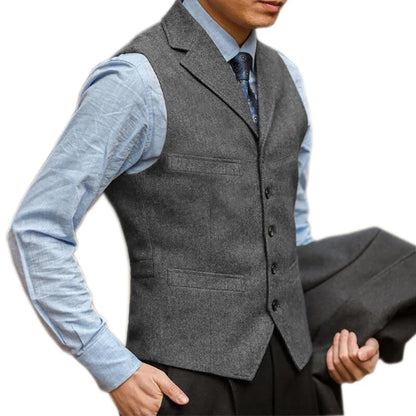 sanyamk Men Vest British Herringbone Tweed Suit Vest Business Formal Dress Waistcoat Notch Lapel Sleeveless Casual Suit Vests