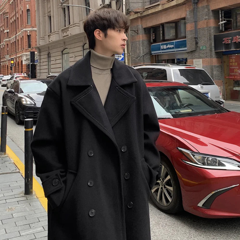 sanyamk Winter High Quality Woolen Trench Coats Men Korean Style Luxury Male Casual Trenchcoat Men's Streetwear Gray/Khaki/Black