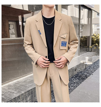 sanyamk Mens Suits Sets Jacket Pant Men Korean Streetwear Office Fashion Loose Casual Blazer Suit Jacket Pant Chic Trend Dress Suits