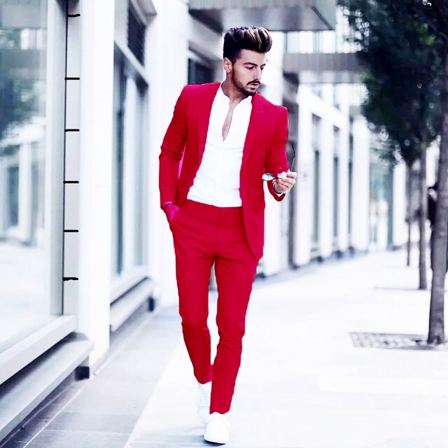 sanyamk Latest Design Mens Luxurious Business Men's Suit for Wedding Party Tuxedos Slim Fit Peak Lapel Pink Suits Male(Jacket+Pants)