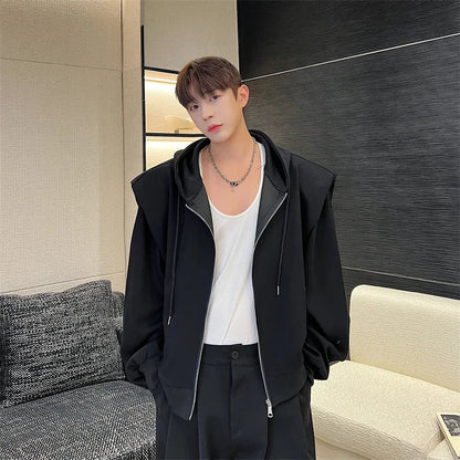 sanyamk Men's Shoulder Pad Hooded Cardigan Korean Chic Sweatshirt Solid Color Zip Loose Casual Male Jacket Autumn New Coat