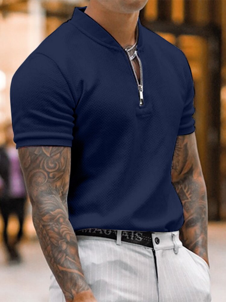 sanyamk Summer Short Sleeve Knitted Solid Polo Shirts Men Fashion Zippers Turn-down Collar Pullover Tops Casual Mens Clothes Slim Polos