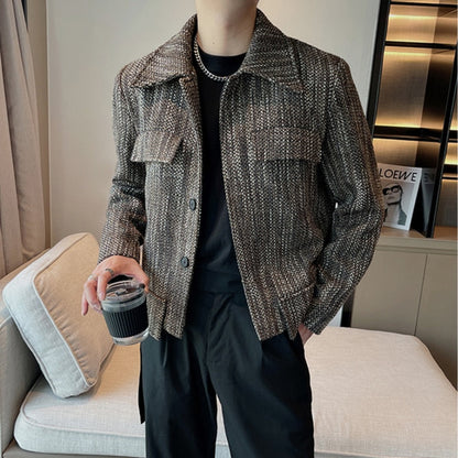 Bonsir Autumn Winter Woven Woolen Jacket Men Loose Lapel Business Casual Coat Streetwear Overcoat Social Windbreaker Men Clothing