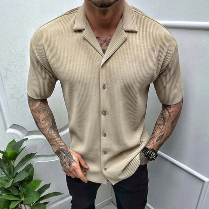 sanyamk Leisure Solid Color Ribbed Shirts Men Clothes Fashion Short Sleeve Lapel Button Shirt 2023 Spring Summer Men's Casual Streetwear