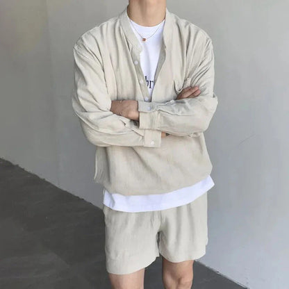 sanyamk Korean Fashion Summer Clothes Men 2 Piece Set Solid Hip Hop V-neck Tops Shorts Streetwear Short Pants Outfits Casual Outer Sets