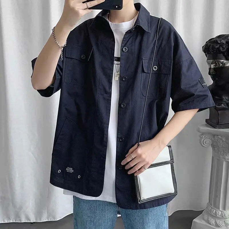 sanyamk Elegant Fashion Shirts Loose Solid Patchwork Casual Turn-down Collar Short Sleeve Pockets Spring Summer Thin Men's Clothing