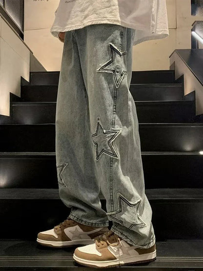 sanyamk Y2K Star Embroidery Casual Men Jeans Gothic Neutral Wide Leg Denim Trousers Male Loose Hip-hop Fashion Youth Streetwear