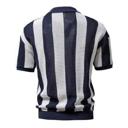 sanyamk Summer Net Shirt Hollow Short Sleeve Fishing Net Shirt Fashion Men's Striped Polo Shirt