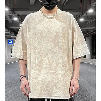 sanyamk  -  Merican Hip-hop Summer Thin Section Suede Cashew Flower Print Tshirts Tops Men and Women Loose Short-sleeved T-shirts Oversized