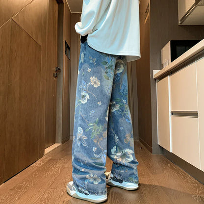 sanyamk 2024 Mens Fashion Floral Printed Jeans Korean Style Autumn Denim Pants High Street Loose Trousers Hip Hop Wide-leg Jean Pants