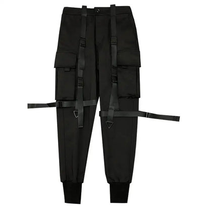 Bonsir Techwear Black Cargo Pants for Men Cargo Trousers Male Japanese Streetwear Hip Hop Spring Ribbon Pocket Harajuku Fashion