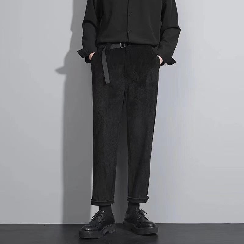 sanyamk Men's Corduroy Fabric Casual Pants Koreanfashion Trend Loose Straight Pants Belt One-piece High-quality Suit Pants 28-38