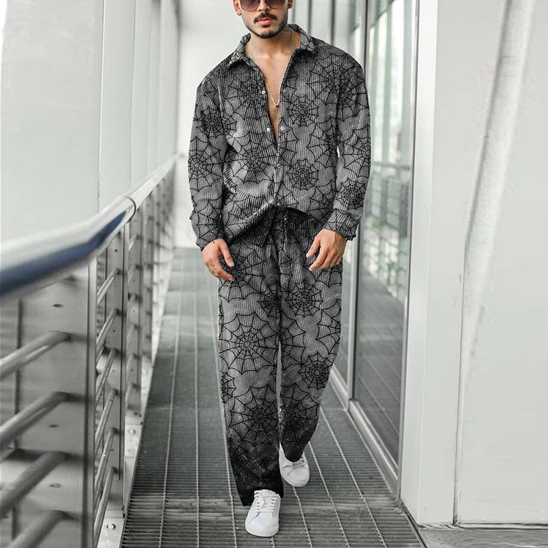 sanyamk New Fashion Pattern Printing Two Piece Sets Men Spring Fall Leisure Long Sleeve Shirts And Pants Suits Mens Casual Loose Outfits