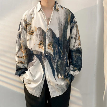 sanyamk Vintage Summer Tie-dyed Painting Shirt Men Hip Hop Loose Long Sleeve Shirt Male Fashion Hawaii Button Long Sleeve Blouse Tops