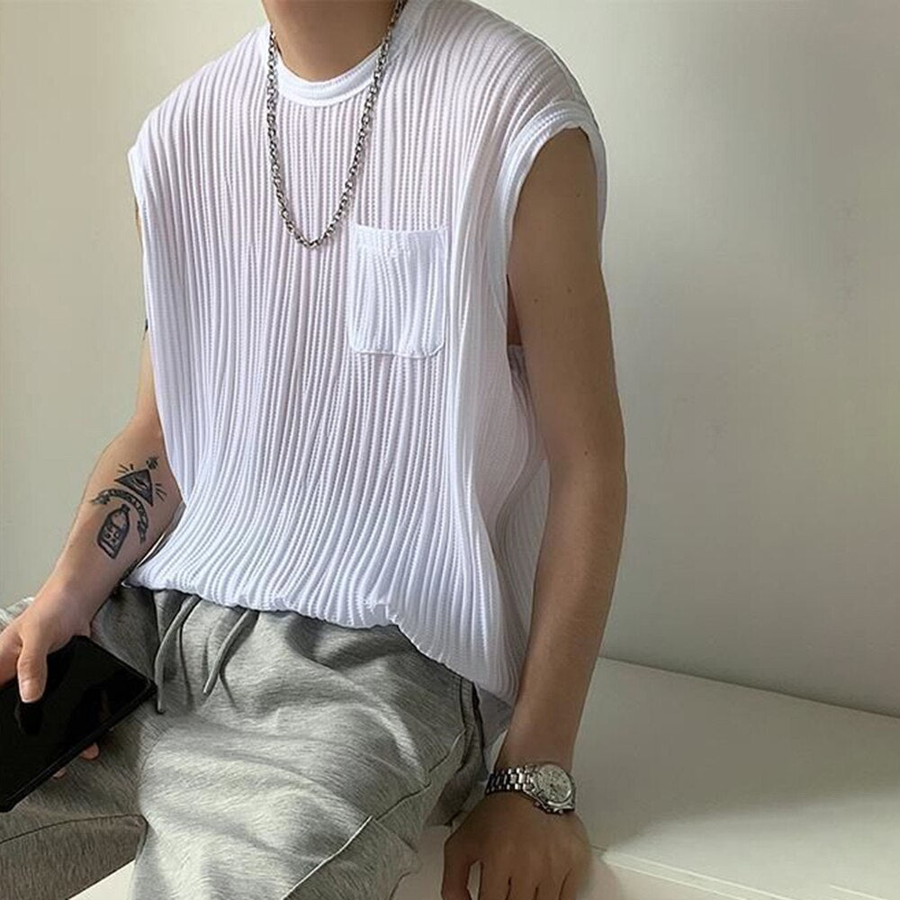 Bonsir Summer Casual Pleated Sleeveless Vest Men's Trend Sexy Sleeveless Tee Shirts Korean Loose Tabk Tops Solid All-match Streetwear