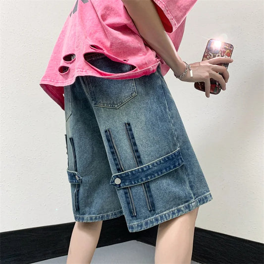 sanyamk Men Patchwork Oversized Jeans Shorts Streetwear Harajuku Denim Shorts New Hip Hop Vintage Blue Summer Casual Loose Shorts