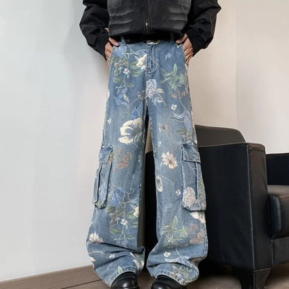 sanyamk Korean Style Denim Cargo Pants Mens Fashion Floral Printed Jeans 2024 Autumn Loose Casual Trousers Hip Hop Wide-leg Jean Pants