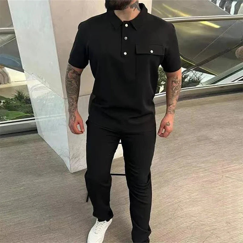 sanyamk Casual Short Sleeve Button Shirts & Work Pants Sets Summer Turn Down Collar Solid Two-piece Tracksuit Men Clothing Outfits