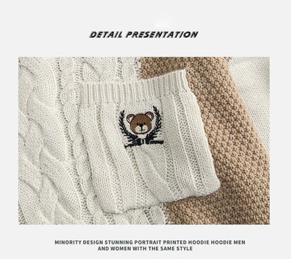 Bonsir Sweater Men Winter New Japanese Bear Embroidery Pocket Knit Pullovers  Woman Vintage Hip Hop Streetwear Oversized Sweater