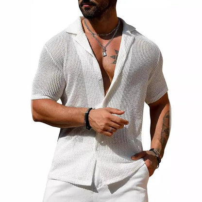 sanyamk Sexy Hollow Out Breathable Knitted Shirt Men Summer Beach See Through Casual Shirts Mens Short Sleeve Button Solid Color Shirts