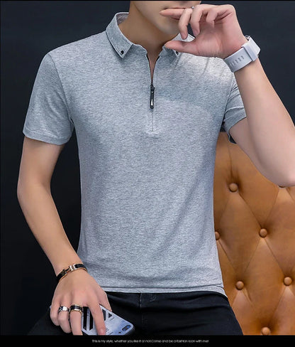 sanyamk Summer Solid Color Cotton Polo Shirt Business Lapel Short-Sleeved Fashion Simple Men'S Tops Slim Casual Sports Men'S T-Shirt