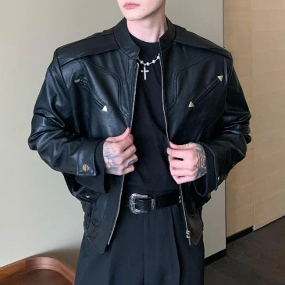 sanyamk Mens Autumn Winter Short Biker Leather Jacket Gender-Free Necessities Fashion Trend Loose Casual Solid Color Jacket Unisex