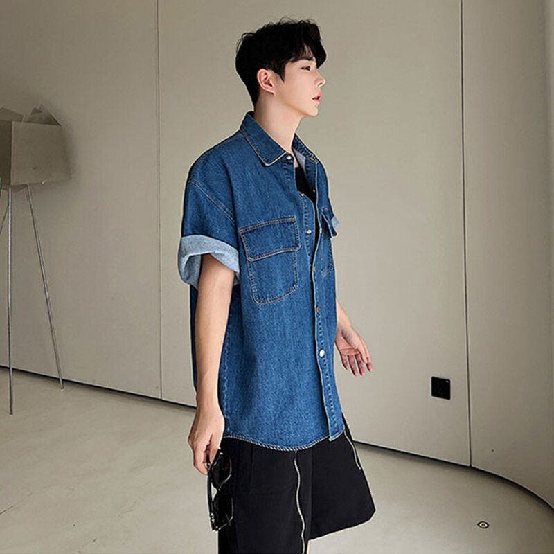 sanyamk Vintage Men's Denim Shirts Summer Korean Style Washed Short Sleeve Jacket Coat Fasion Male Casual Streetwear 2023 New