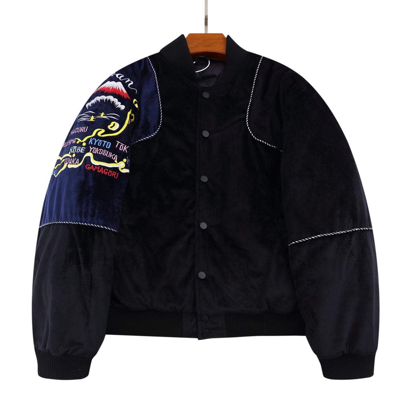 Bonsir Thicken Silk Velvet Jacket Men Embroidery Stitching Loose Baseball Outerwear Winter Retro Warm Cotton Coat Male